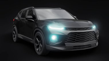 Siyah ultra modern bir SUV, siyah izole edilmiş arka planda yaşayan gençler ve aileler için akılda kalıcı bir tasarıma sahip. Parlak farlar. 3d illüstrasyon