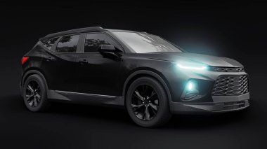 Siyah ultra modern bir SUV, siyah izole edilmiş arka planda yaşayan gençler ve aileler için akılda kalıcı bir tasarıma sahip. Parlak farlar. 3d illüstrasyon