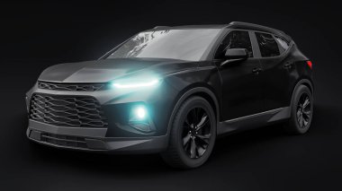 Siyah ultra modern bir SUV, siyah izole edilmiş arka planda yaşayan gençler ve aileler için akılda kalıcı bir tasarıma sahip. Parlak farlar. 3d illüstrasyon