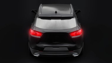 Siyah ultra modern bir SUV, siyah izole edilmiş arka planda yaşayan gençler ve aileler için akılda kalıcı bir tasarıma sahip. Parlak farlar. 3d illüstrasyon