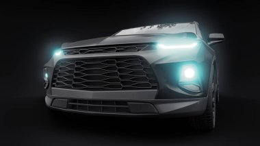 Siyah ultra modern bir SUV, siyah izole edilmiş arka planda yaşayan gençler ve aileler için akılda kalıcı bir tasarıma sahip. Parlak farlar. 3d illüstrasyon