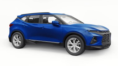 Beyaz izole edilmiş arka planda yaşayan genç insanlar ve aileler için akılda kalıcı bir tasarımı olan mavi ultra modern SUV. 3d illüstrasyon