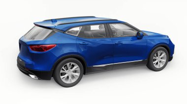 Beyaz izole edilmiş arka planda yaşayan genç insanlar ve aileler için akılda kalıcı bir tasarımı olan mavi ultra modern SUV. 3d illüstrasyon
