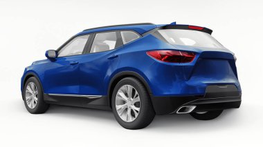 Beyaz izole edilmiş arka planda yaşayan genç insanlar ve aileler için akılda kalıcı bir tasarımı olan mavi ultra modern SUV. 3d illüstrasyon