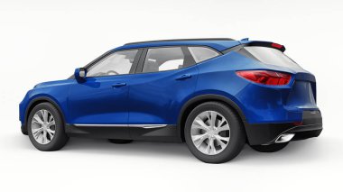 Beyaz izole edilmiş arka planda yaşayan genç insanlar ve aileler için akılda kalıcı bir tasarımı olan mavi ultra modern SUV. 3d illüstrasyon