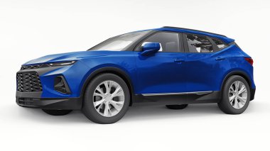 Beyaz izole edilmiş arka planda yaşayan genç insanlar ve aileler için akılda kalıcı bir tasarımı olan mavi ultra modern SUV. 3d illüstrasyon