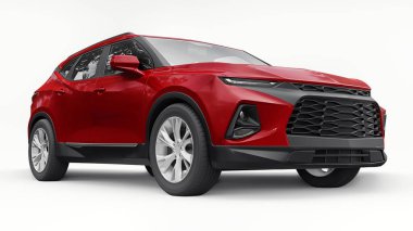 Kırmızı ultra modern SUV, beyaz izole edilmiş arka planda yaşayan gençler ve aileler için akılda kalıcı bir tasarımı var. 3d illüstrasyon