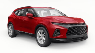 Kırmızı ultra modern SUV, beyaz izole edilmiş arka planda yaşayan gençler ve aileler için akılda kalıcı bir tasarımı var. 3d illüstrasyon