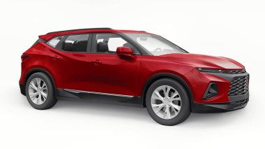 Kırmızı ultra modern SUV, beyaz izole edilmiş arka planda yaşayan gençler ve aileler için akılda kalıcı bir tasarımı var. 3d illüstrasyon