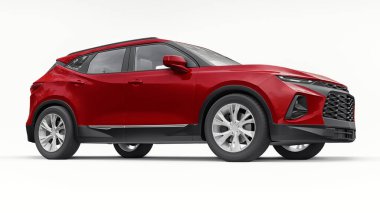 Kırmızı ultra modern SUV, beyaz izole edilmiş arka planda yaşayan gençler ve aileler için akılda kalıcı bir tasarımı var. 3d illüstrasyon