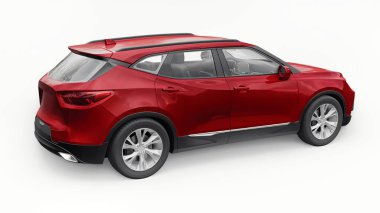 Kırmızı ultra modern SUV, beyaz izole edilmiş arka planda yaşayan gençler ve aileler için akılda kalıcı bir tasarımı var. 3d illüstrasyon