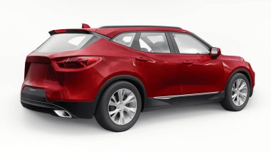 Kırmızı ultra modern SUV, beyaz izole edilmiş arka planda yaşayan gençler ve aileler için akılda kalıcı bir tasarımı var. 3d illüstrasyon