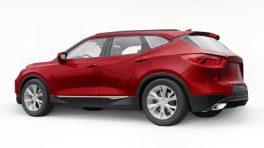 Kırmızı ultra modern SUV, beyaz izole edilmiş arka planda yaşayan gençler ve aileler için akılda kalıcı bir tasarımı var. 3d illüstrasyon