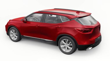 Kırmızı ultra modern SUV, beyaz izole edilmiş arka planda yaşayan gençler ve aileler için akılda kalıcı bir tasarımı var. 3d illüstrasyon