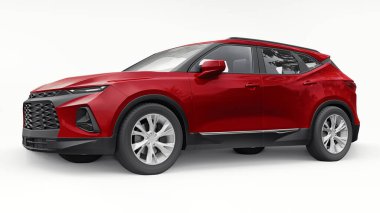 Kırmızı ultra modern SUV, beyaz izole edilmiş arka planda yaşayan gençler ve aileler için akılda kalıcı bir tasarımı var. 3d illüstrasyon