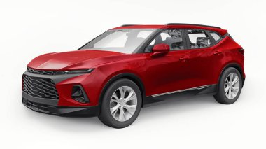 Kırmızı ultra modern SUV, beyaz izole edilmiş arka planda yaşayan gençler ve aileler için akılda kalıcı bir tasarımı var. 3d illüstrasyon