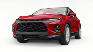 Kırmızı ultra modern SUV, beyaz izole edilmiş arka planda yaşayan gençler ve aileler için akılda kalıcı bir tasarımı var. 3d illüstrasyon