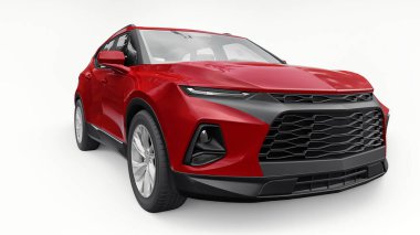 Kırmızı ultra modern SUV, beyaz izole edilmiş arka planda yaşayan gençler ve aileler için akılda kalıcı bir tasarımı var. 3d illüstrasyon