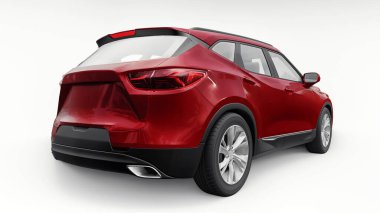 Kırmızı ultra modern SUV, beyaz izole edilmiş arka planda yaşayan gençler ve aileler için akılda kalıcı bir tasarımı var. 3d illüstrasyon