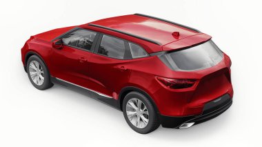 Kırmızı ultra modern SUV, beyaz izole edilmiş arka planda yaşayan gençler ve aileler için akılda kalıcı bir tasarımı var. 3d illüstrasyon