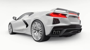 Beyaz izole edilmiş arka planda orta motor yerleşimi olan ultra modern beyaz spor araba. Yarış pistinde ve düzlükte yarışmak için bir araba. 3d illüstrasyon