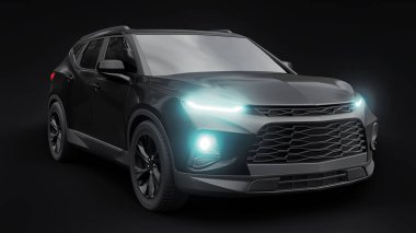 Siyah ultra modern bir SUV, siyah izole edilmiş arka planda yaşayan gençler ve aileler için akılda kalıcı bir tasarıma sahip. Parlak farlar. 3d illüstrasyon