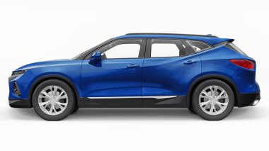 Beyaz izole edilmiş arka planda yaşayan genç insanlar ve aileler için akılda kalıcı bir tasarımı olan mavi ultra modern SUV. 3d illüstrasyon