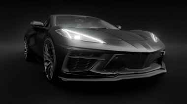 Siyah arka planda süper spor araba. 3d illüstrasyon