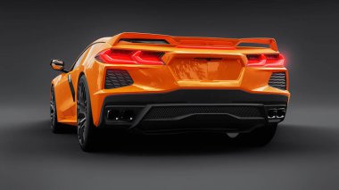 Gri izole edilmiş arka planda orta-modern turuncu süper spor araba. Yarış pistinde ve düzlükte yarışmak için bir araba. 3d illüstrasyon.