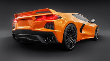 Gri izole edilmiş arka planda orta-modern turuncu süper spor araba. Yarış pistinde ve düzlükte yarışmak için bir araba. 3d illüstrasyon.