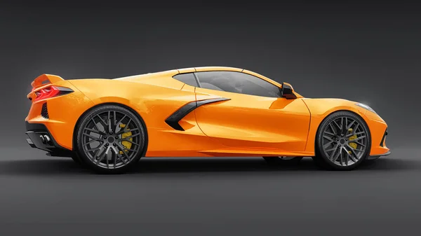 超级现代橙色超级跑车 中间引擎布局灰色孤立的背景 赛车场上和直线上的赛车 3D说明 — 图库照片