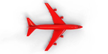 Uzun okyanus ötesi uçuşlar için büyük kapasiteli yolcu uçakları. Beyaz arka planda kırmızı uçak. 3d illüstrasyon