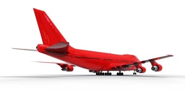 Uzun okyanus ötesi uçuşlar için büyük kapasiteli yolcu uçakları. Beyaz arka planda kırmızı uçak. 3d illüstrasyon