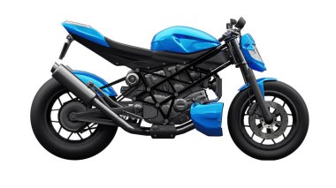 Beyaz arka planda mavi süper spor motosiklet. 3d illüstrasyon
