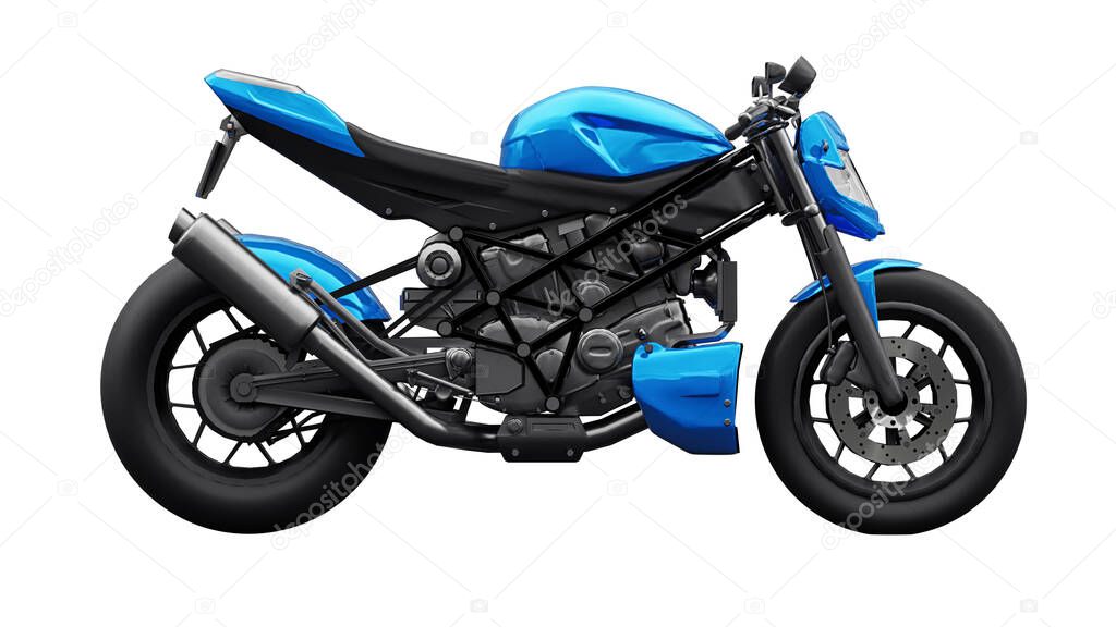 Blue super sports motorbike on white background. 3d illustration