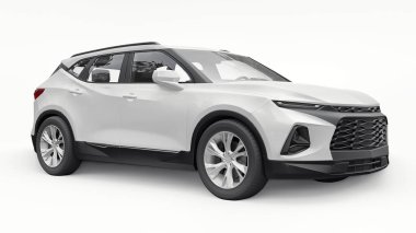 Beyaz izole edilmiş arka planda yaşayan genç insanlar ve aileler için akılda kalıcı bir tasarımı olan ultra modern bir SUV. Parlak farlar. 3d illüstrasyon