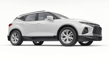 Beyaz izole edilmiş arka planda yaşayan genç insanlar ve aileler için akılda kalıcı bir tasarımı olan ultra modern bir SUV. Parlak farlar. 3d illüstrasyon