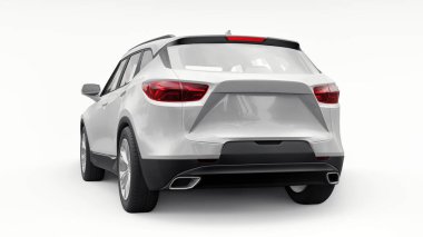 Beyaz izole edilmiş arka planda yaşayan genç insanlar ve aileler için akılda kalıcı bir tasarımı olan ultra modern bir SUV. Parlak farlar. 3d illüstrasyon