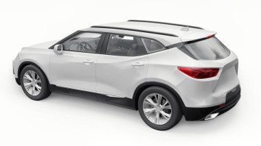 Beyaz izole edilmiş arka planda yaşayan genç insanlar ve aileler için akılda kalıcı bir tasarımı olan ultra modern bir SUV. Parlak farlar. 3d illüstrasyon
