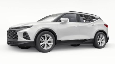 Beyaz izole edilmiş arka planda yaşayan genç insanlar ve aileler için akılda kalıcı bir tasarımı olan ultra modern bir SUV. Parlak farlar. 3d illüstrasyon