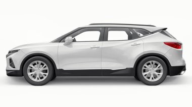 Beyaz izole edilmiş arka planda yaşayan genç insanlar ve aileler için akılda kalıcı bir tasarımı olan ultra modern bir SUV. Parlak farlar. 3d illüstrasyon