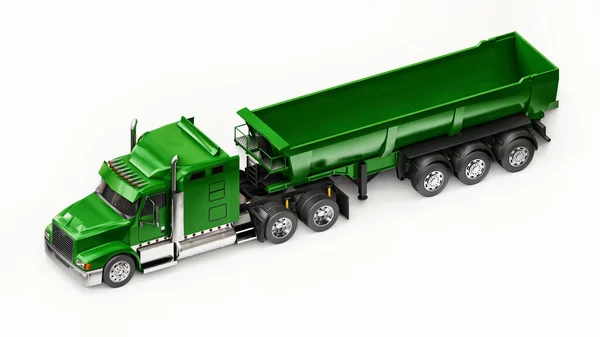 Large green American truck with a trailer type dump truck for transporting bulk cargo on a white background. 3d illustration
