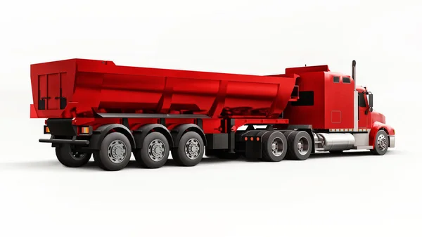 Large red American truck with a trailer type dump truck for transporting bulk cargo on a white background. 3d illustration