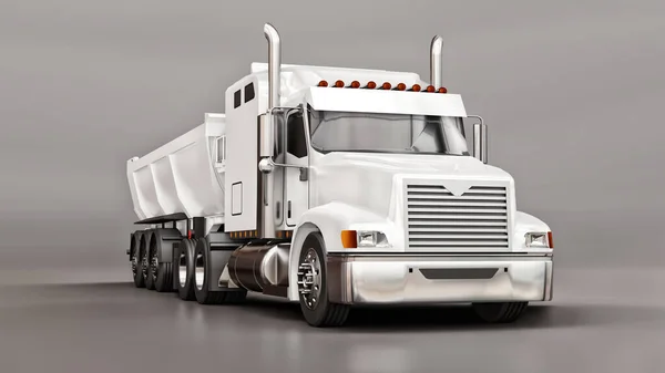 Large white American truck with a trailer type dump truck for transporting bulk cargo on a gray background. 3d illustration