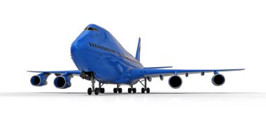 Uzun okyanus ötesi uçuşlar için büyük kapasiteli yolcu uçakları. Beyaz izole edilmiş arka planda mavi uçak. 3d illüstrasyon