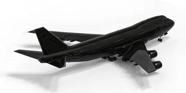 用于跨大西洋长途飞行的载客量大的大型客机 白色孤立背景的黑色飞机 3D说明 — 图库照片
