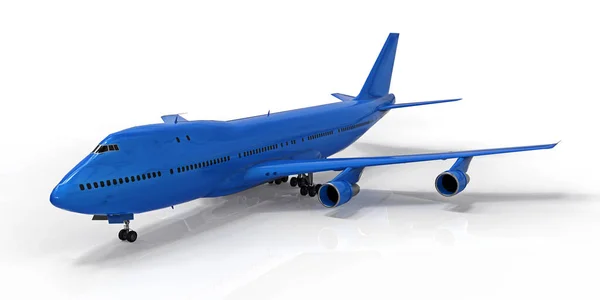 長い大西洋横断飛行のための大容量の大型旅客機 白い隔離された背景に青い飛行機 3Dイラスト — ストック写真