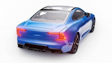 Concept car sports premium coupe. Blue car on white background. Plug-in hybrid. Technologies of eco-friendly transport. 3d rendering