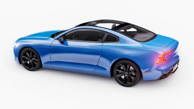 Concept car sports premium coupe. Blue car on white background. Plug-in hybrid. Technologies of eco-friendly transport. 3d rendering