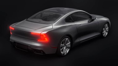 Konsept spor premium coupe. Siyah arka planda gri bir araba. Eklenti hibrit. Çevre dostu ulaşım teknolojileri. 3d oluşturma